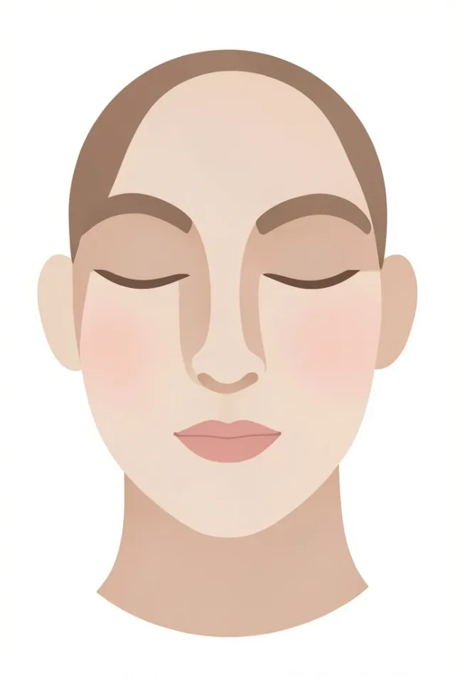 Minimalist abstract face portrait with curved shapes and soft skin tones, closed eyes, peaceful expression