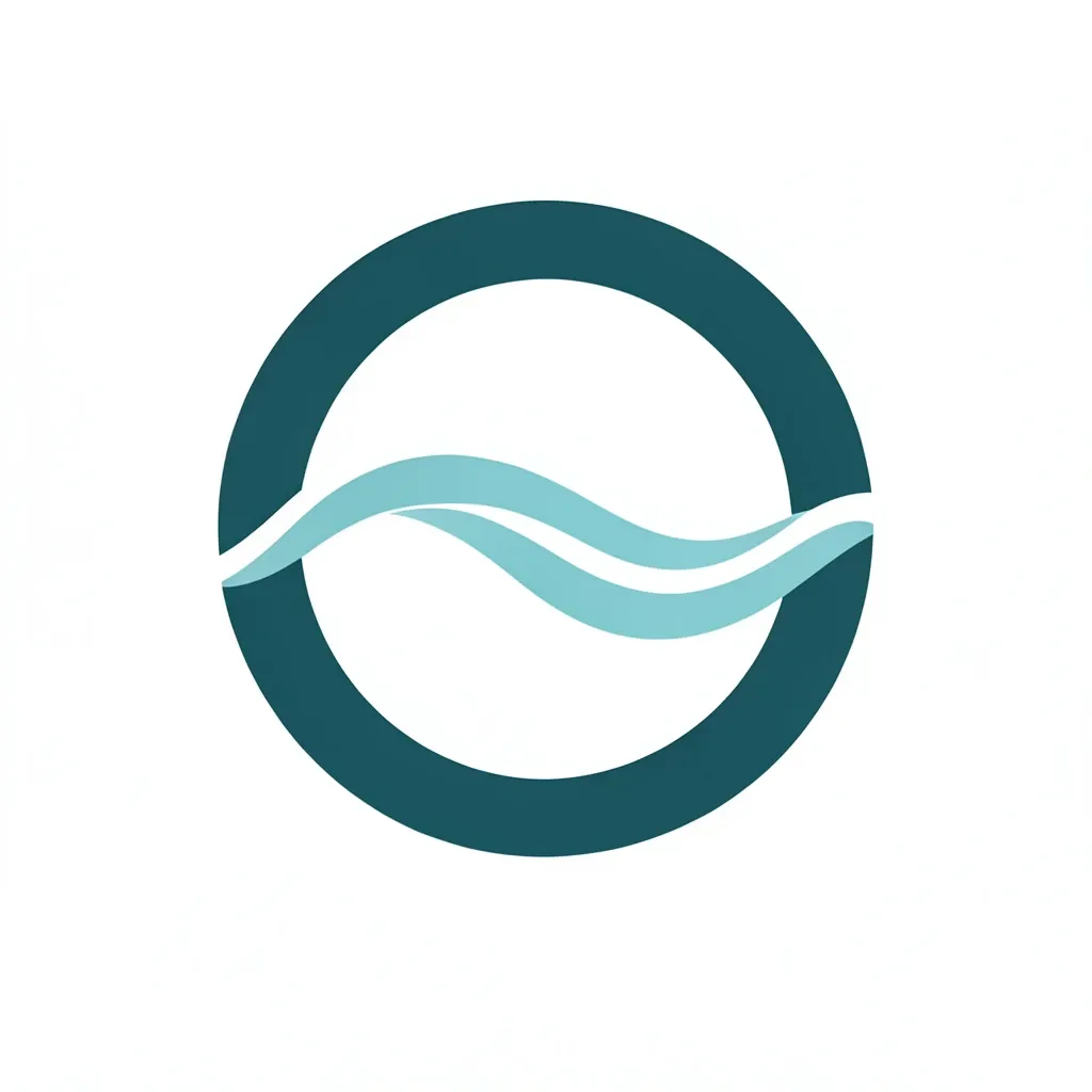 Minimalist abstract wave logo with continuous teal wave line forming a circle on white