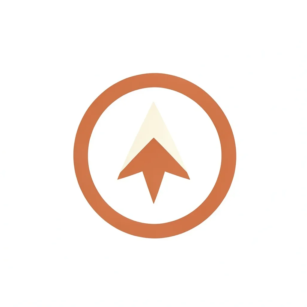 Minimalist upward arrow badge in warm terracotta and cream within a simple circular border