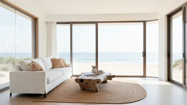 Minimalist beach house living room with ocean views, white linen sofa, and driftwood coffee table