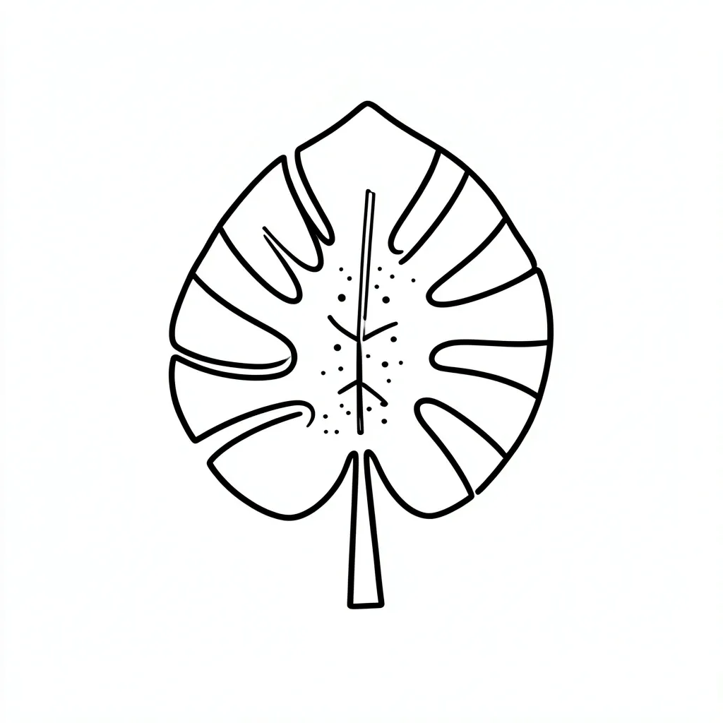 Minimalist monstera leaf t-shirt design in single continuous black line with dotwork accents on white