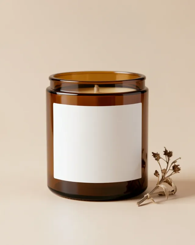 Amber glass candle jar with a blank label in soft studio light beside a small dried botanical