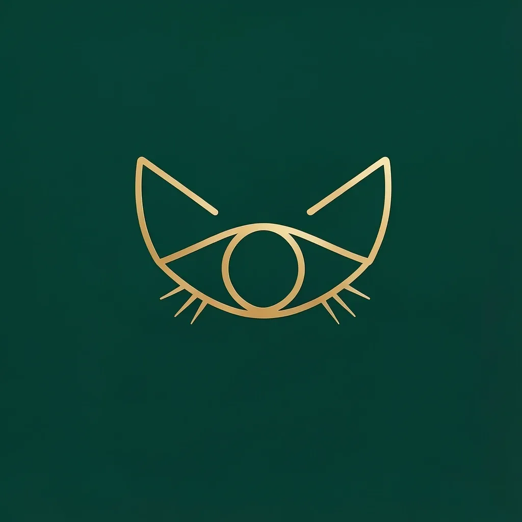 Minimalist cat eye line art logo in a single golden line on a deep emerald background