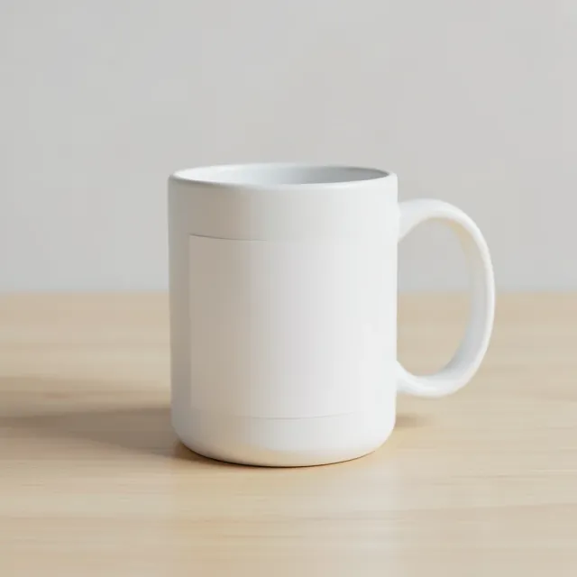 Minimalist matte white ceramic mug on a light oak surface with a blank label area