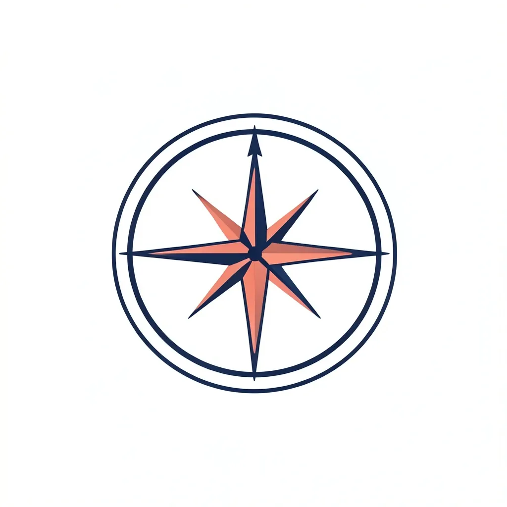 Minimalist compass rose badge with navy and coral lines on a white background