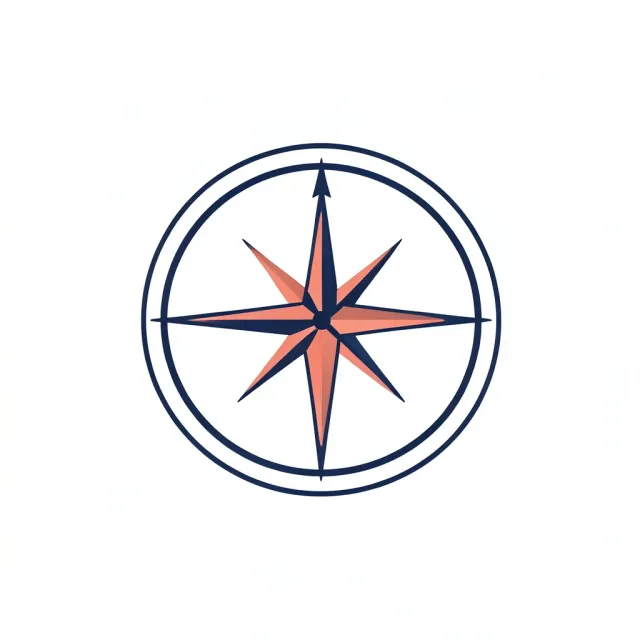 Minimalist compass rose badge with navy and coral lines on a white background