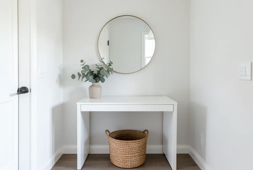 Minimalist entryway with white console table, round mirror, ceramic vase with eucalyptus, and woven basket