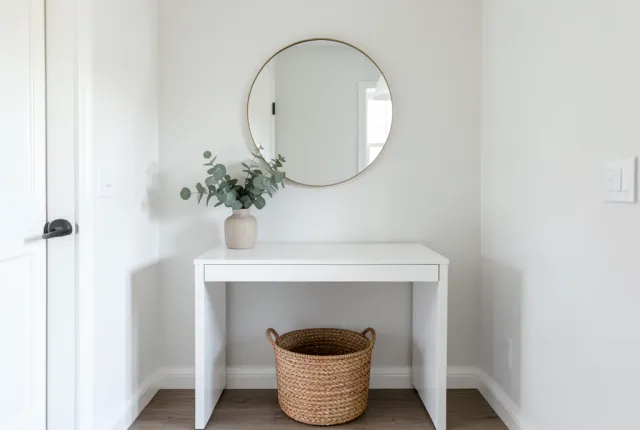 Minimalist entryway with white console table, round mirror, ceramic vase with eucalyptus, and woven basket