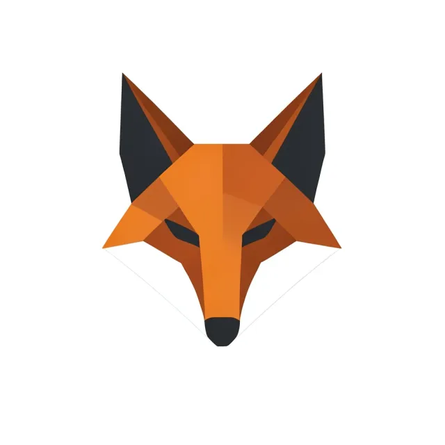 Minimalist geometric fox head built from triangles and polygons in burnt orange and charcoal on white