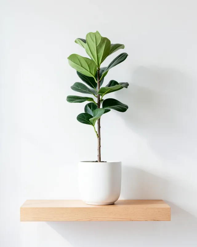 Minimalist tall fiddle-leaf fig in a white pot on a light oak shelf against a white wall