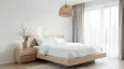Minimalist Japandi bedroom interior with low bed, neutral linens, and soft daylight