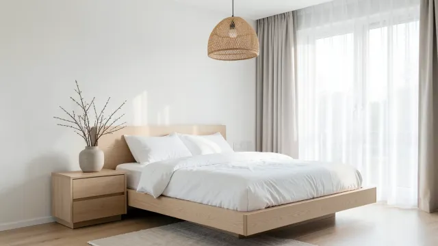 Minimalist Japandi bedroom interior with low bed, neutral linens, and soft daylight