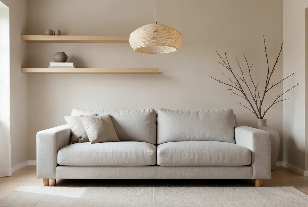 Minimalist Japandi living room with linen sofa, oak shelves, paper pendant lamp, and ceramic vase with dried branches
