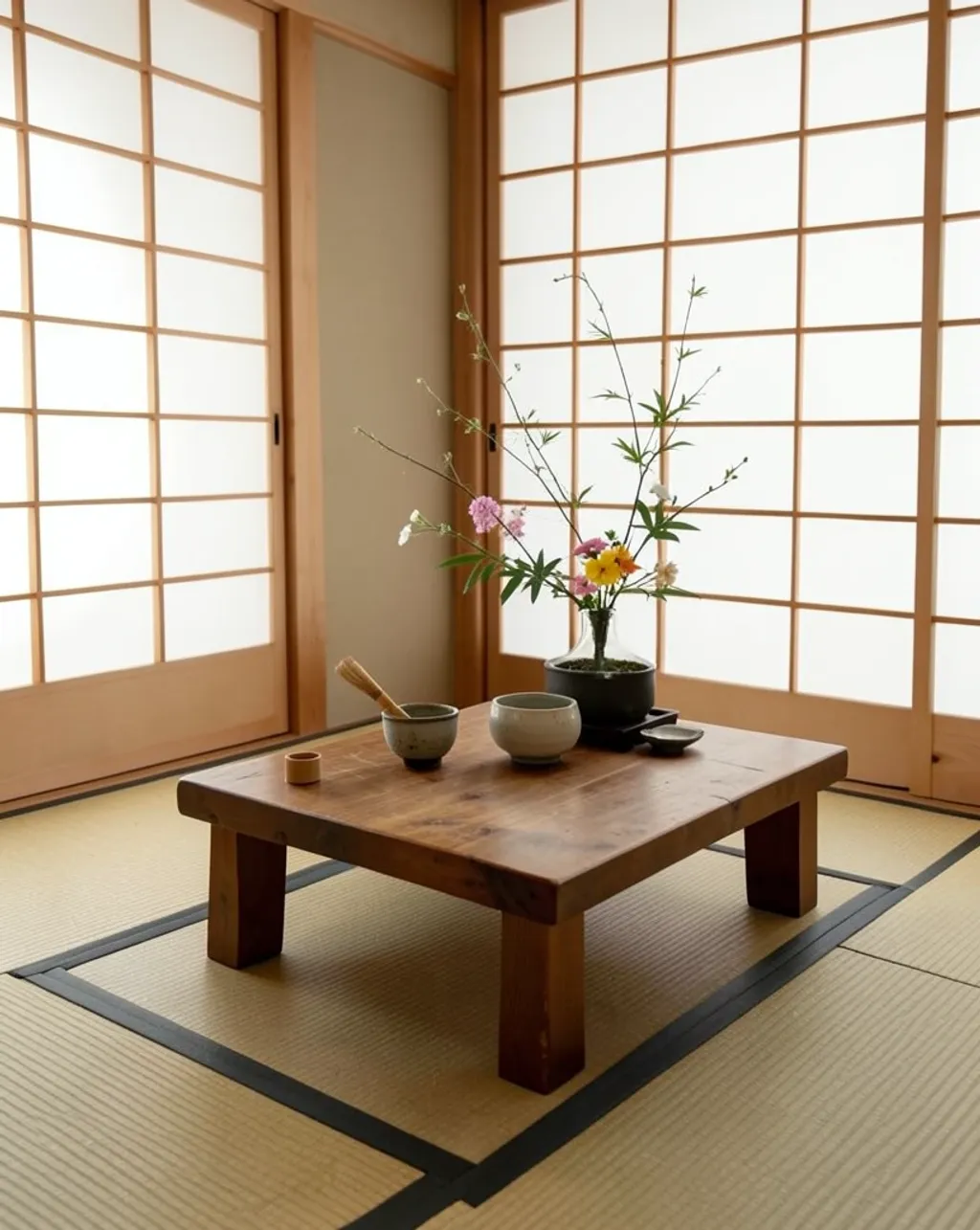 Minimalist Japanese tea ceremony room with ceramic bowl, bamboo whisk, and ikebana near shoji screen