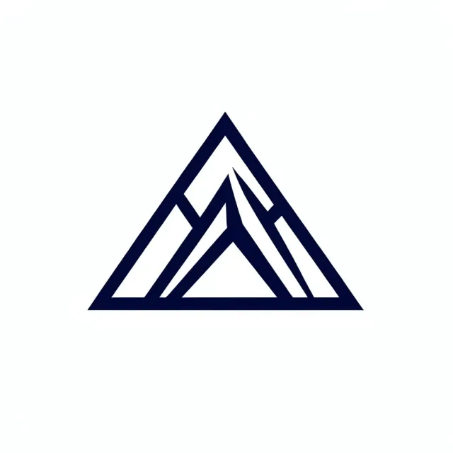 Minimalist geometric mountain badge with three overlapping triangular peaks in navy and white