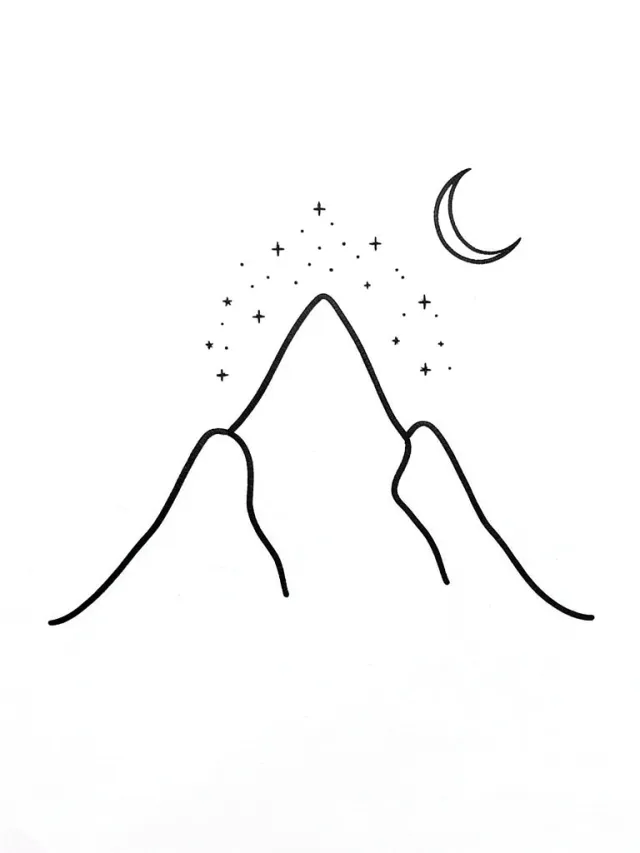 Minimalist mountain range tattoo drawn as a single continuous black line with stars and crescent moon