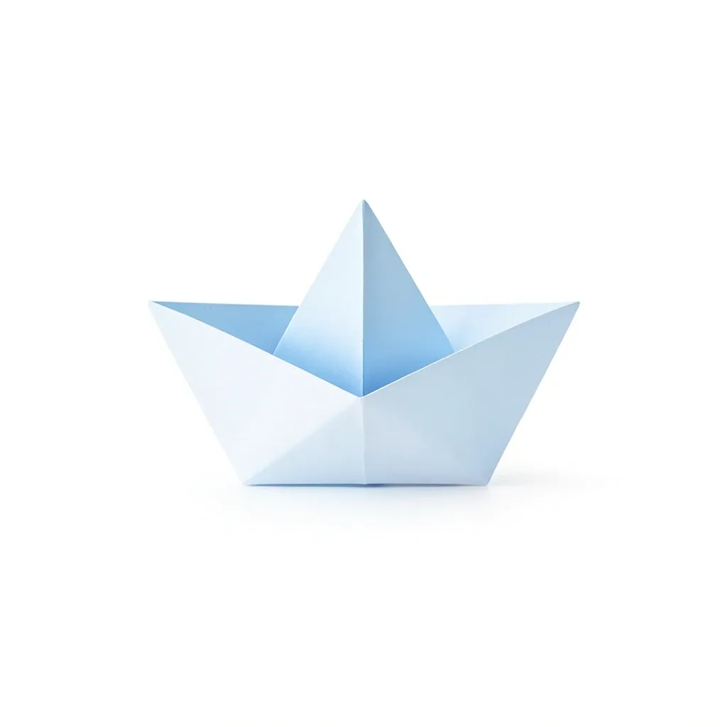 Minimalist origami paper boat logo in soft blue and white on white background