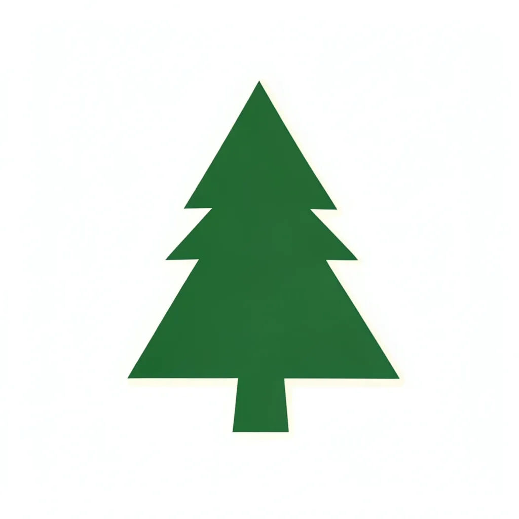 Minimalist pine tree badge formed from simple triangular layers in forest green and cream
