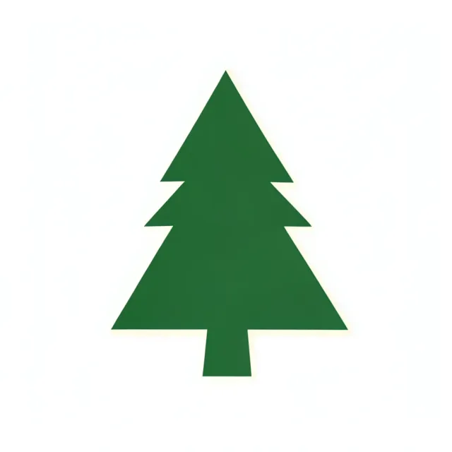 Minimalist pine tree badge formed from simple triangular layers in forest green and cream