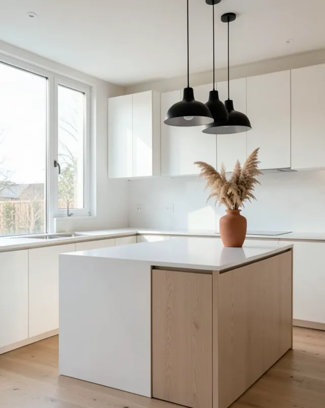 Minimalist Scandinavian kitchen with white oak cabinets, black pendant lights, and pampas grass in morning light
