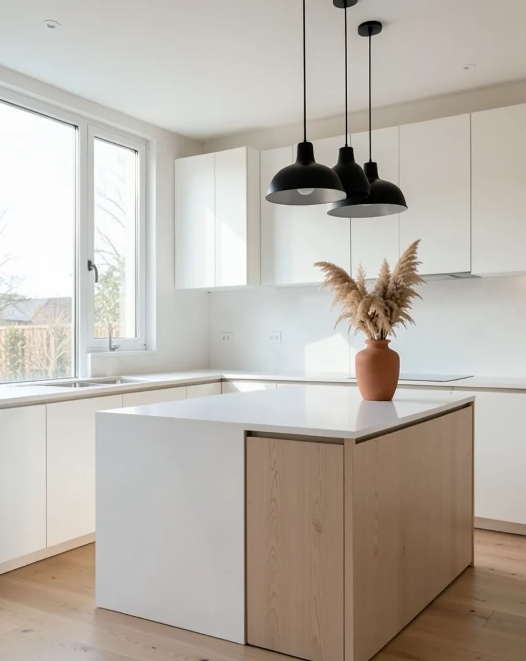 Minimalist Scandinavian kitchen with white oak cabinets, black pendant lights, and pampas grass in morning light