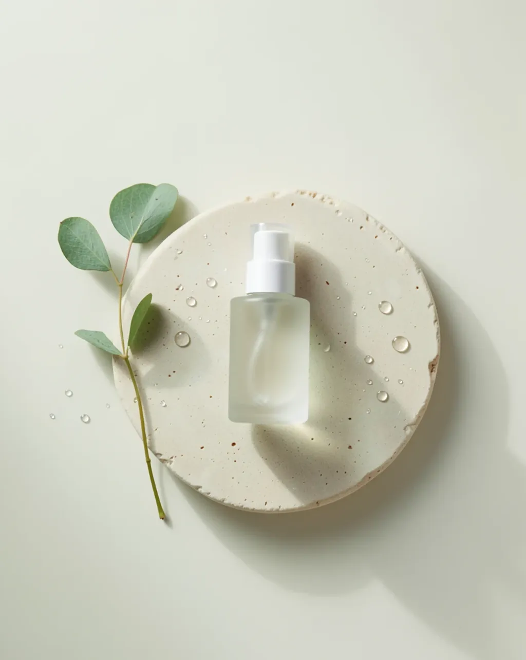 Minimalist skincare serum bottle flatlay on cream stone with a eucalyptus sprig in soft daylight