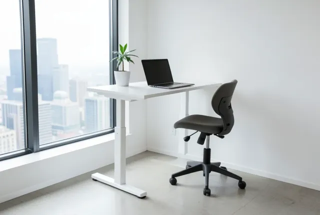 Minimalist standing desk office with white desk, laptop, stool, and large city skyline window
