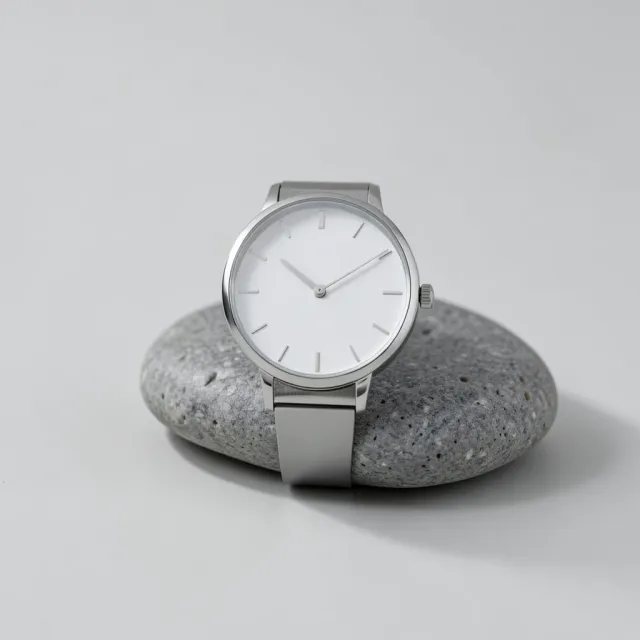Elegant silver wristwatch with white dial resting on smooth gray stone against neutral background
