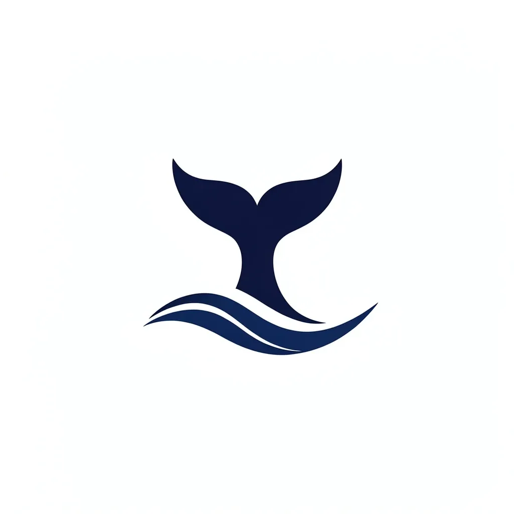 Minimalist whale tail logo rising from a single curved wave in navy blue and white on white background