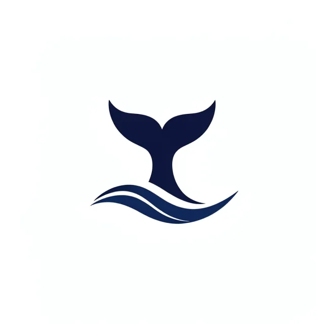 Minimalist whale tail logo rising from a single curved wave in navy blue and white on white background