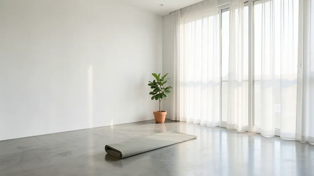 Minimalist yoga studio with concrete floor, large windows, sheer curtains, mat, and plant