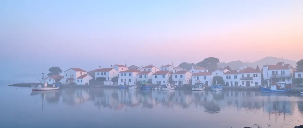 White coastal cottages with terracotta roofs along a calm harbor at dawn with gentle mist