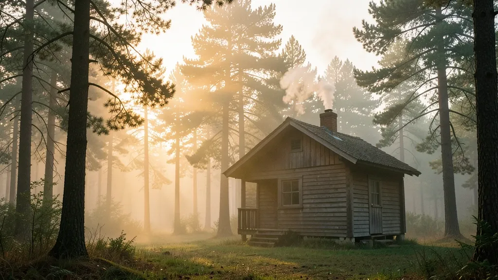 Small wooden cabin with smoke rising from chimney surrounded by tall pines and golden dawn mist