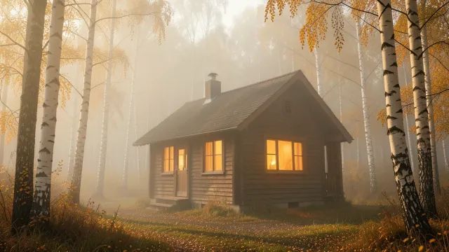 Misty autumn forest with a small wooden cabin glowing warmly through the windows