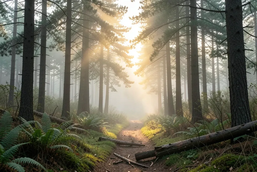 A misty forest trail winding through tall pines with golden sunbeams and fog at dawn