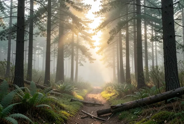 A misty forest trail winding through tall pines with golden sunbeams and fog at dawn
