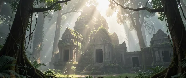 Ancient stone temple ruins covered in vines and moss with morning light beams through jungle fog