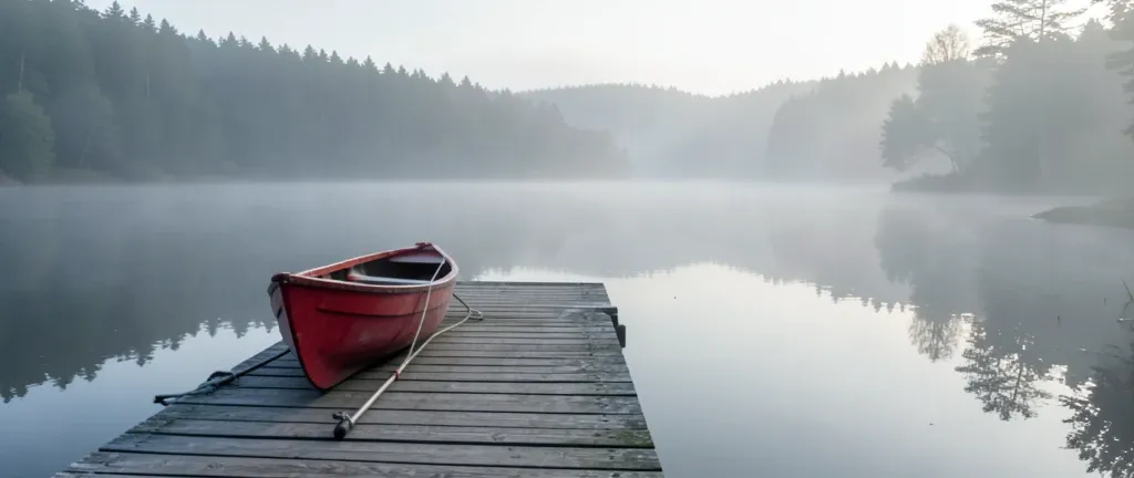 Wooden dock on still misty lake with red canoe tied to the side and forested shoreline