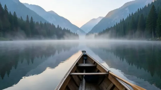 Wooden canoe on calm misty mountain lake with perfect reflections and pine-covered peaks