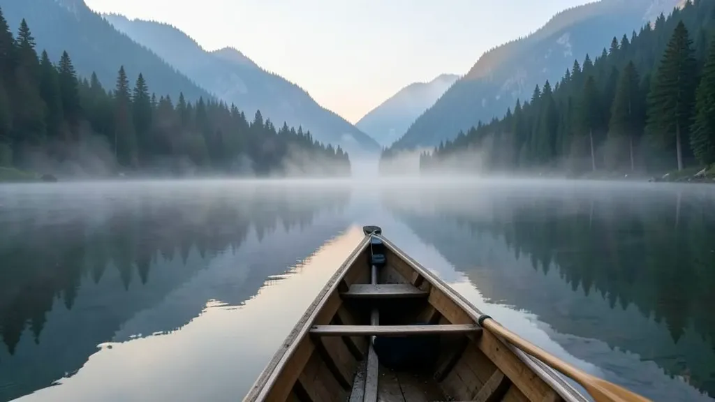 Wooden canoe on calm misty mountain lake with perfect reflections and pine-covered peaks
