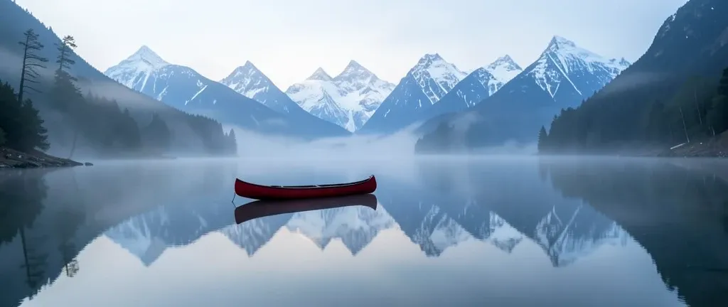 Red canoe floating on calm mountain lake with reflections of snow-capped peaks and low shoreline mist