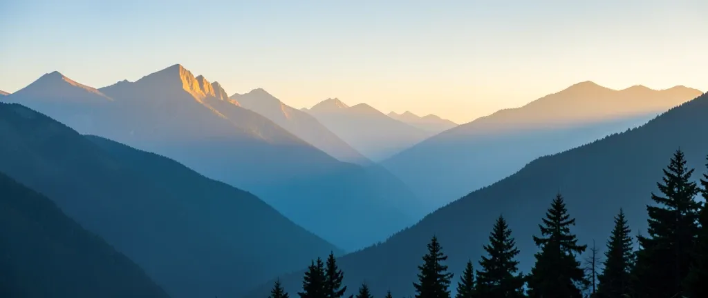 Layered mountain ridges fading into blue mist with golden sunrise light on the nearest peaks
