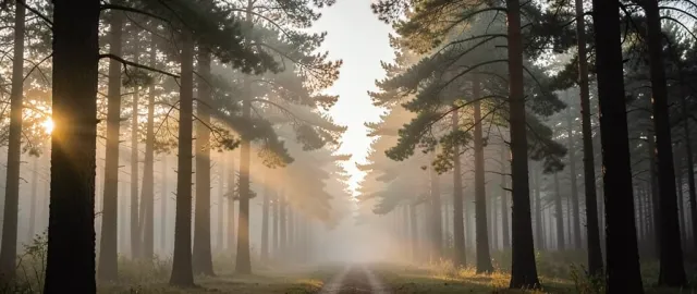 Misty pine forest at sunrise with golden light streaming through fog and a winding path