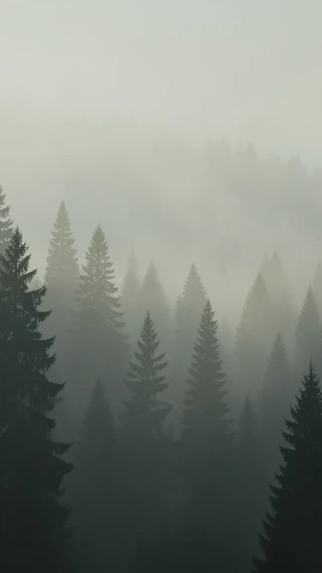 A misty pine forest at dawn phone wallpaper — AI-generated example render