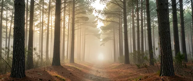 Narrow dirt trail winding through tall pine trees with golden dawn light filtering through mist