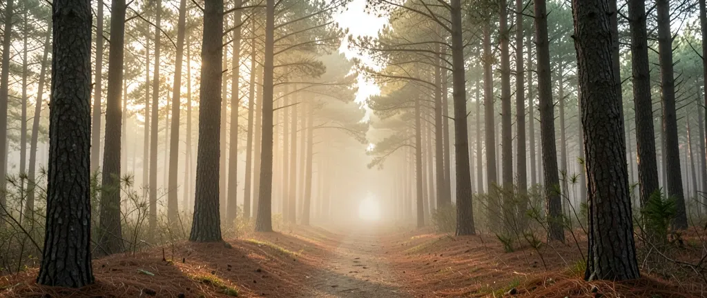 Narrow dirt trail winding through tall pine trees with golden dawn light filtering through mist