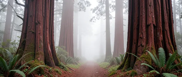 Narrow dirt path winding through towering redwood trees with mist drifting between trunks