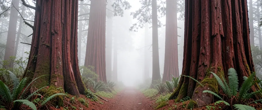 Narrow dirt path winding through towering redwood trees with mist drifting between trunks