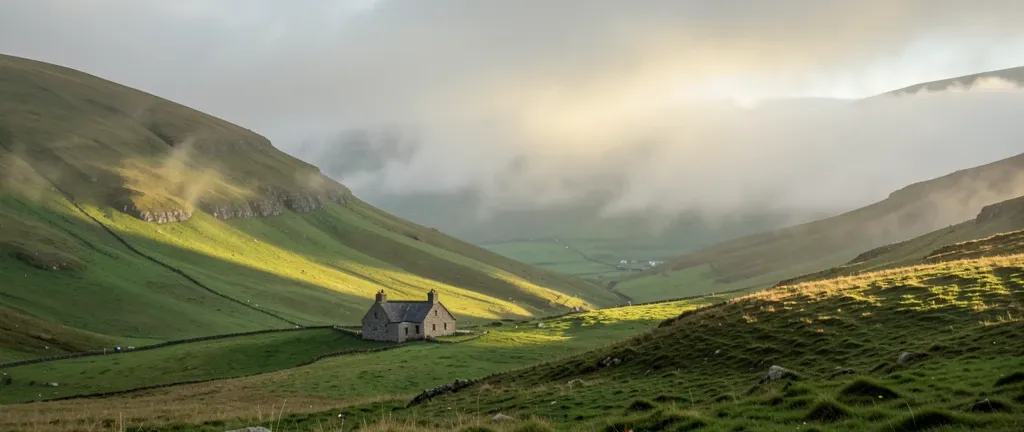 Rolling green Scottish Highlands hills in mist with a lone stone cottage and patchy golden light
