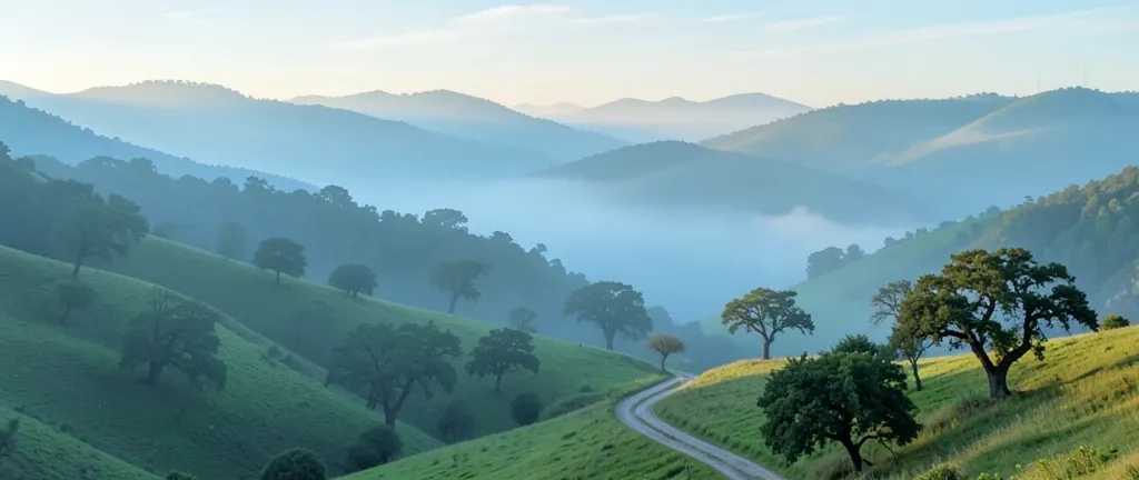 Layered green rolling hills fading into blue mist with a winding dirt road and scattered oak trees
